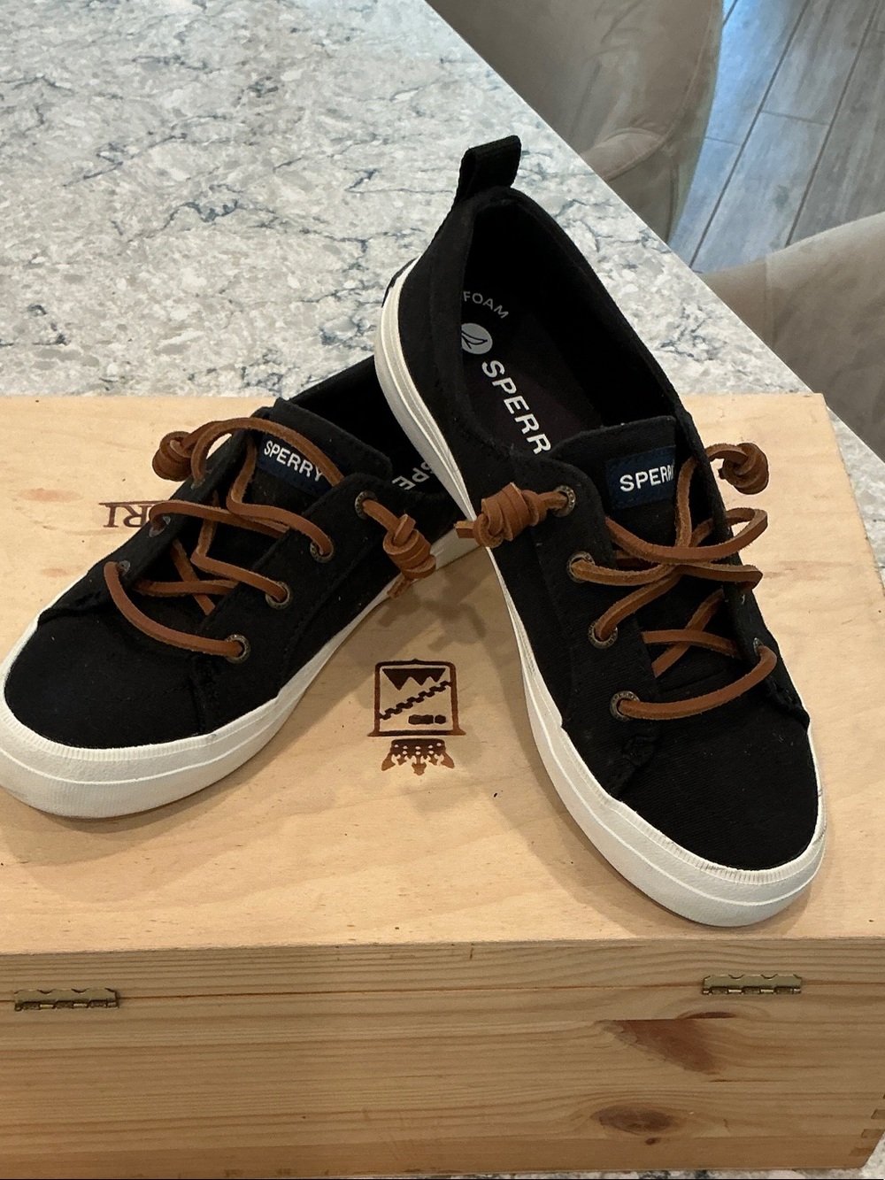 Sperry Black Canvas Boat Sneakers with Brown Laces